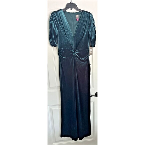 Vince Camuto Womens Velvet Twist-Front Jumpsuit Wide Legs Velour Hunter Green 14 - Picture 5 of 12